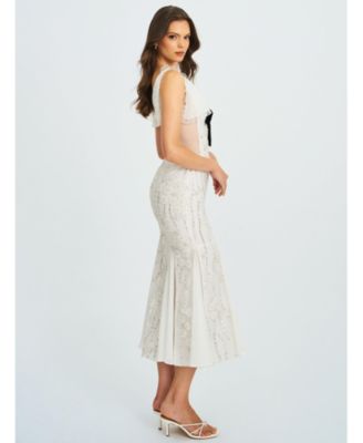 Women Paola White Peter Pan Collar Beaded Sequin Mermaid Midi Dress