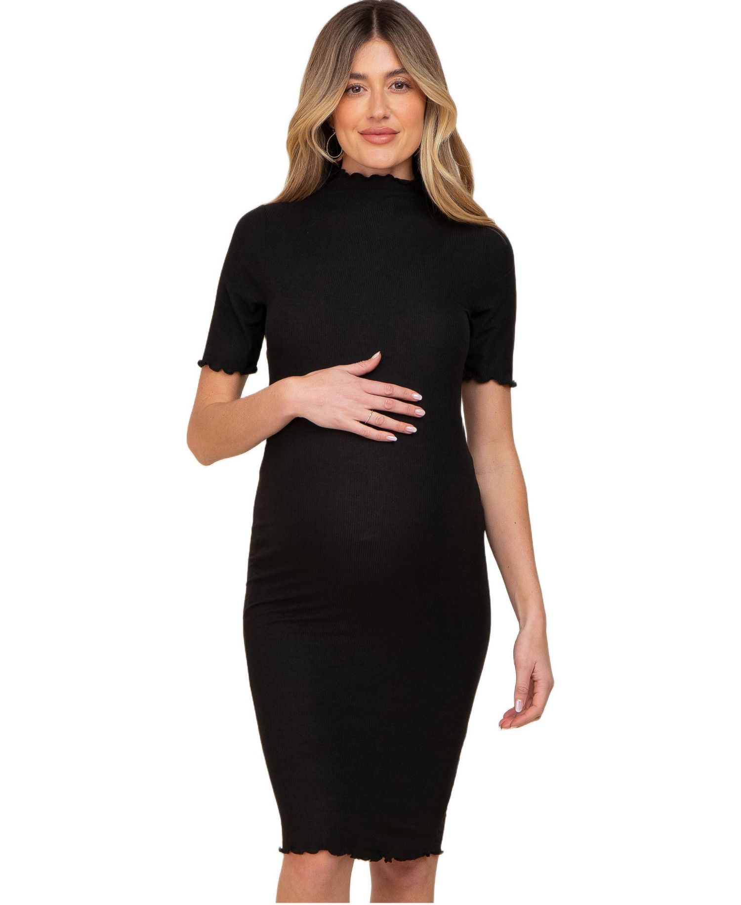 Women's Black Ribbed Mock Neck Fitted Midi Dress