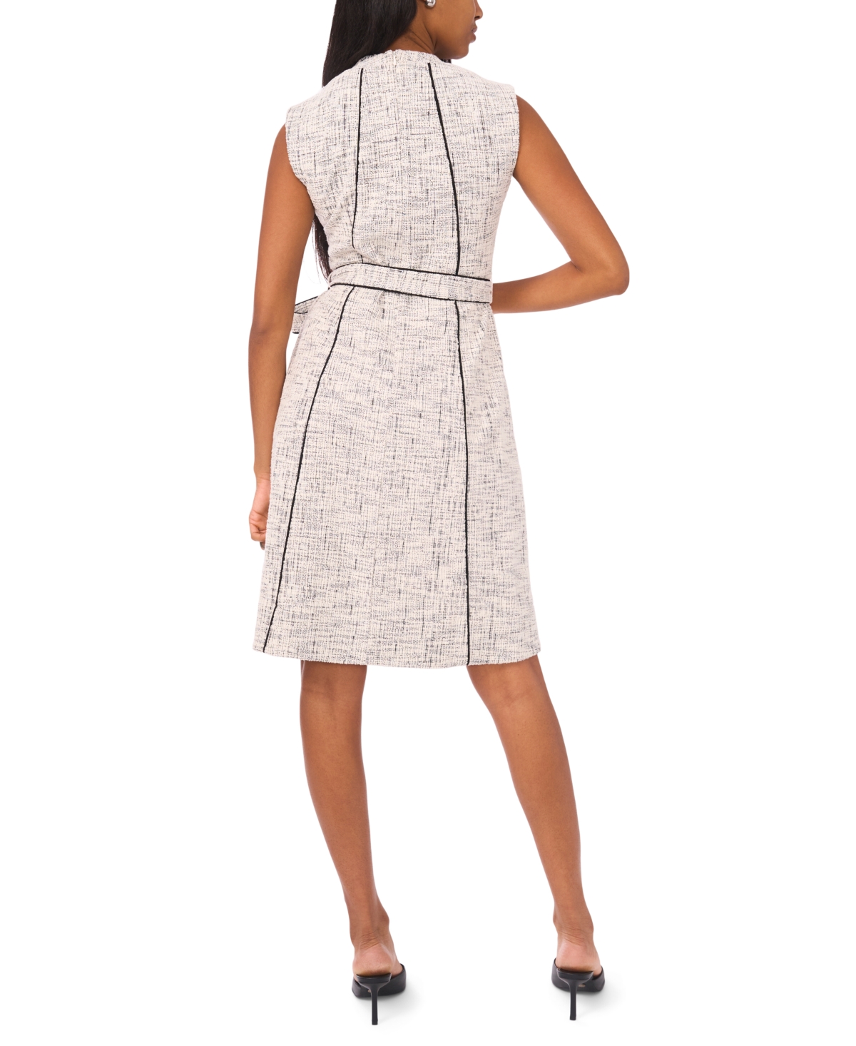 Msk Petite Short Sleeves Belted Tweed Midi Dress In Gray