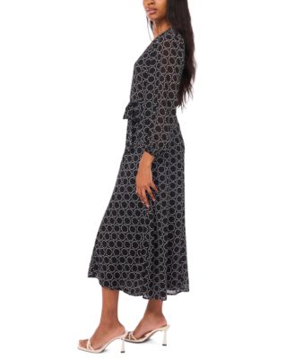 Petite Geometric Print V-Neck Long Sleeves Midi Dress