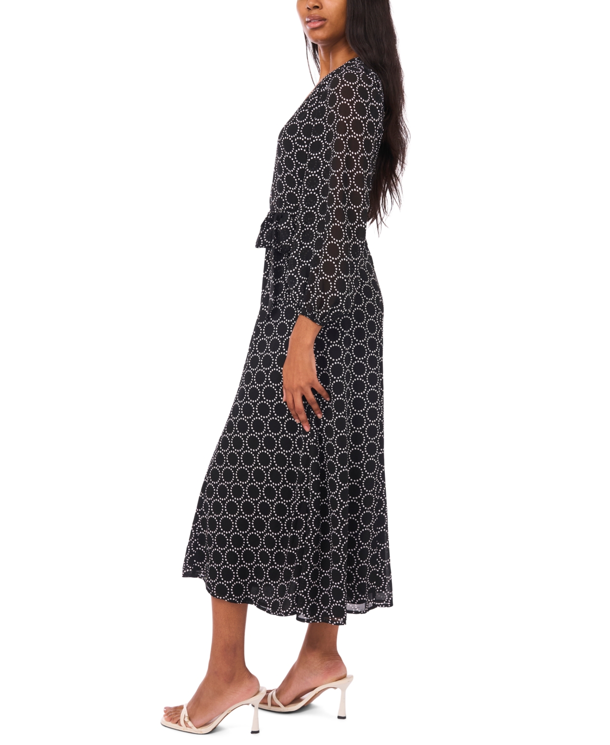 Msk Petite Geometric Print V-neck Long Sleeves Midi Dress In Black