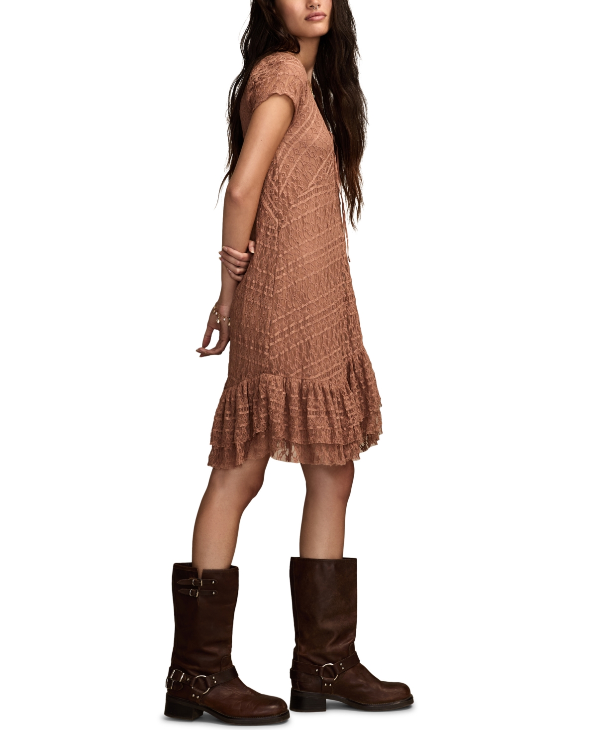 Lucky Brand Women's Lace Short Sleeves Mini Dress In Brown