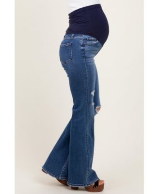 Maternity Navy Blue Distressed Flare Jeans