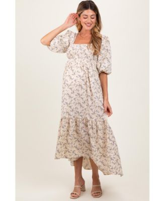 Maternity Ivory Floral Smocked Hi-Low Puff Sleeve Maxi Dress