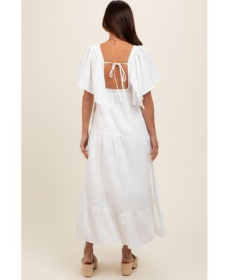 Maternity Ivory Deep V-Neck Flutter Sleeve Tiered Midi Dress