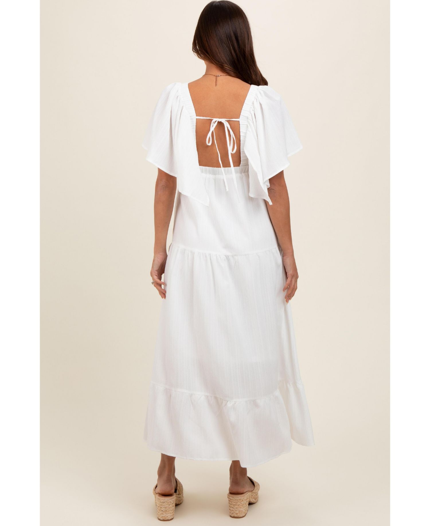 Women's Ivory Deep V-Neck Flutter Sleeve Tiered Midi Dress