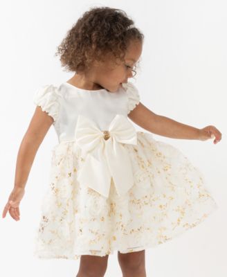 Baby Girls 3-Piece Satin Bodice 3D Flower Jacket, Dress and Diaper Cover Set