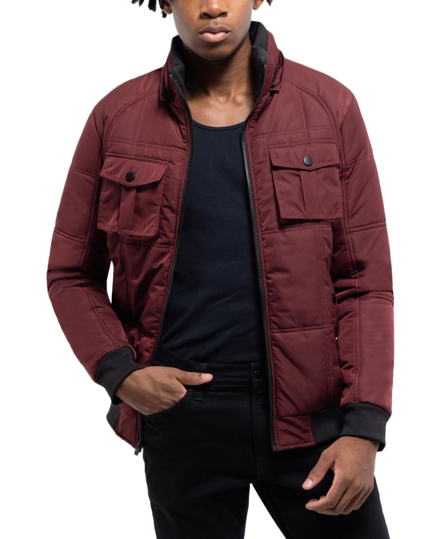 Men's Hooded Puffer Jacket With Patch Chest Pockets