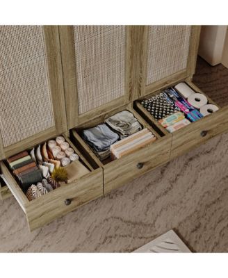 1 Pc Wood Wardrobe 3 Drawers Rattan Doors Hanging Rod Bedroom Armoire Closet Organizer