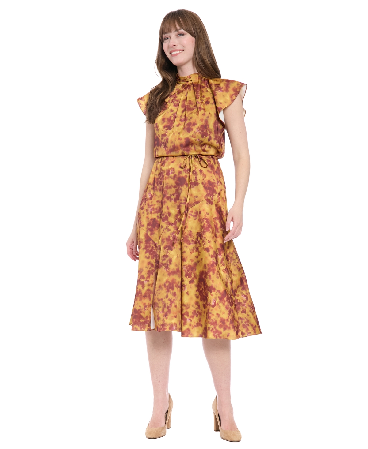 London Times Women's Mock Neck Flutter Sleeves Dress