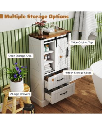 Farmhouse Bathroom Floor Cabinet w/Sliding Door Adjustable Shelves & 2 Drawers