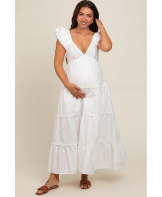Maternity White Ruffle Trim Maxi Dress