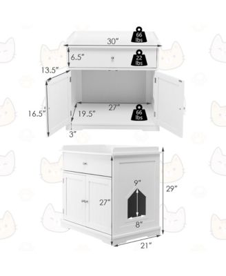Wooden Cat Litter Box Enclosure w/ Drawer Side Table Furniture