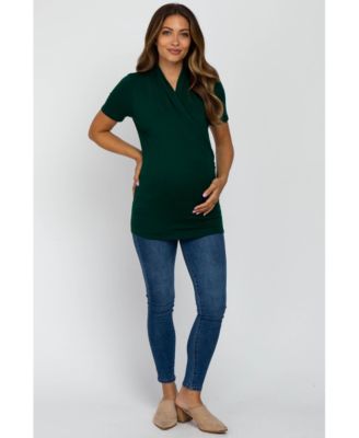 Maternity Forest Green Solid Short Sleeve Wrap Front Maternity/Nursing Top