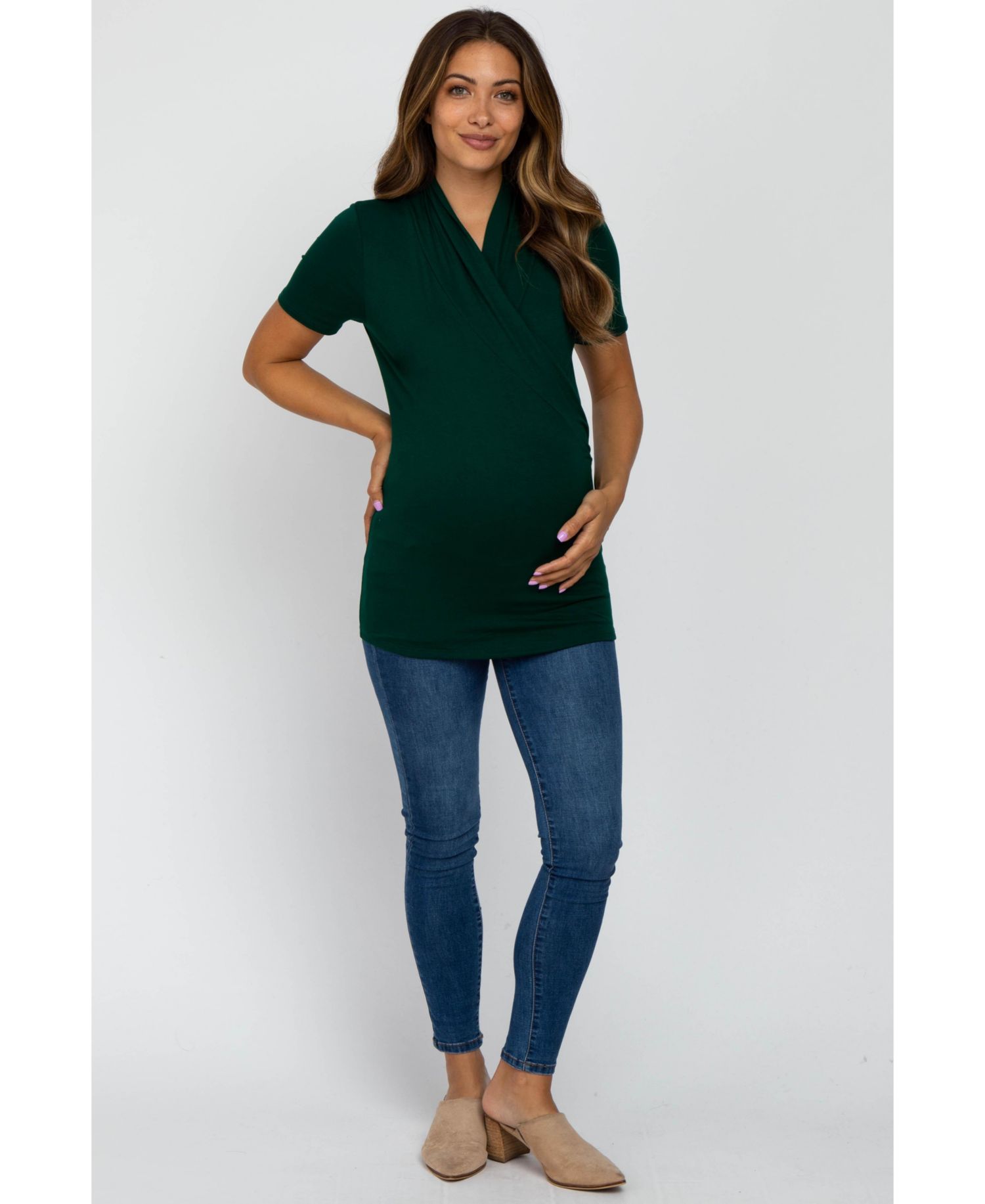 Women's Forest Green Solid Short Sleeve Wrap Front Maternity/Nursing Top
