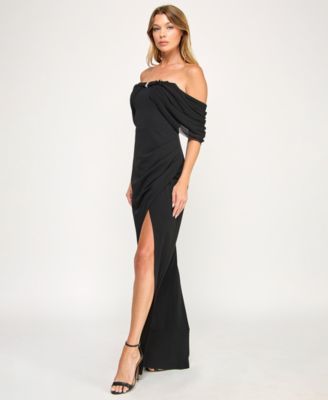 Juniors' Off-The- Shoulder Drape Long Gown