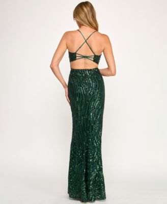Women's Wavy Sequin Open Back Long Gown