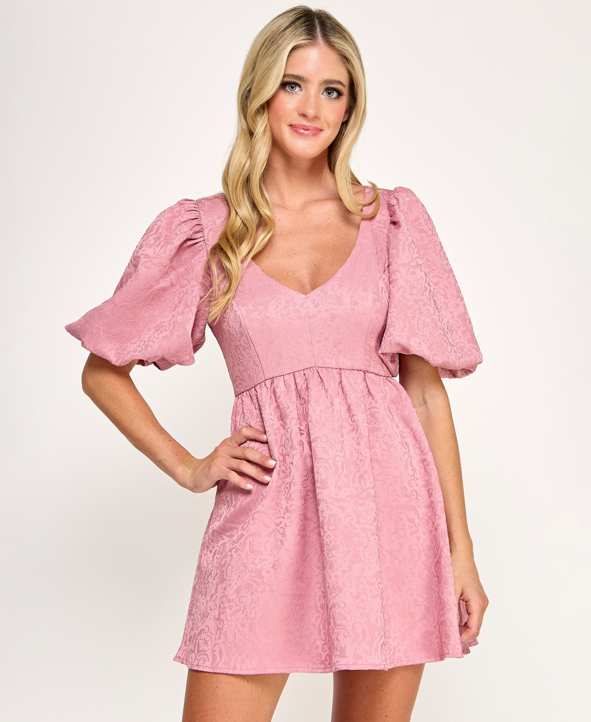 City Studios Juniors' Jacquard Balloon-sleeve Fit & Flare Dress In Pink