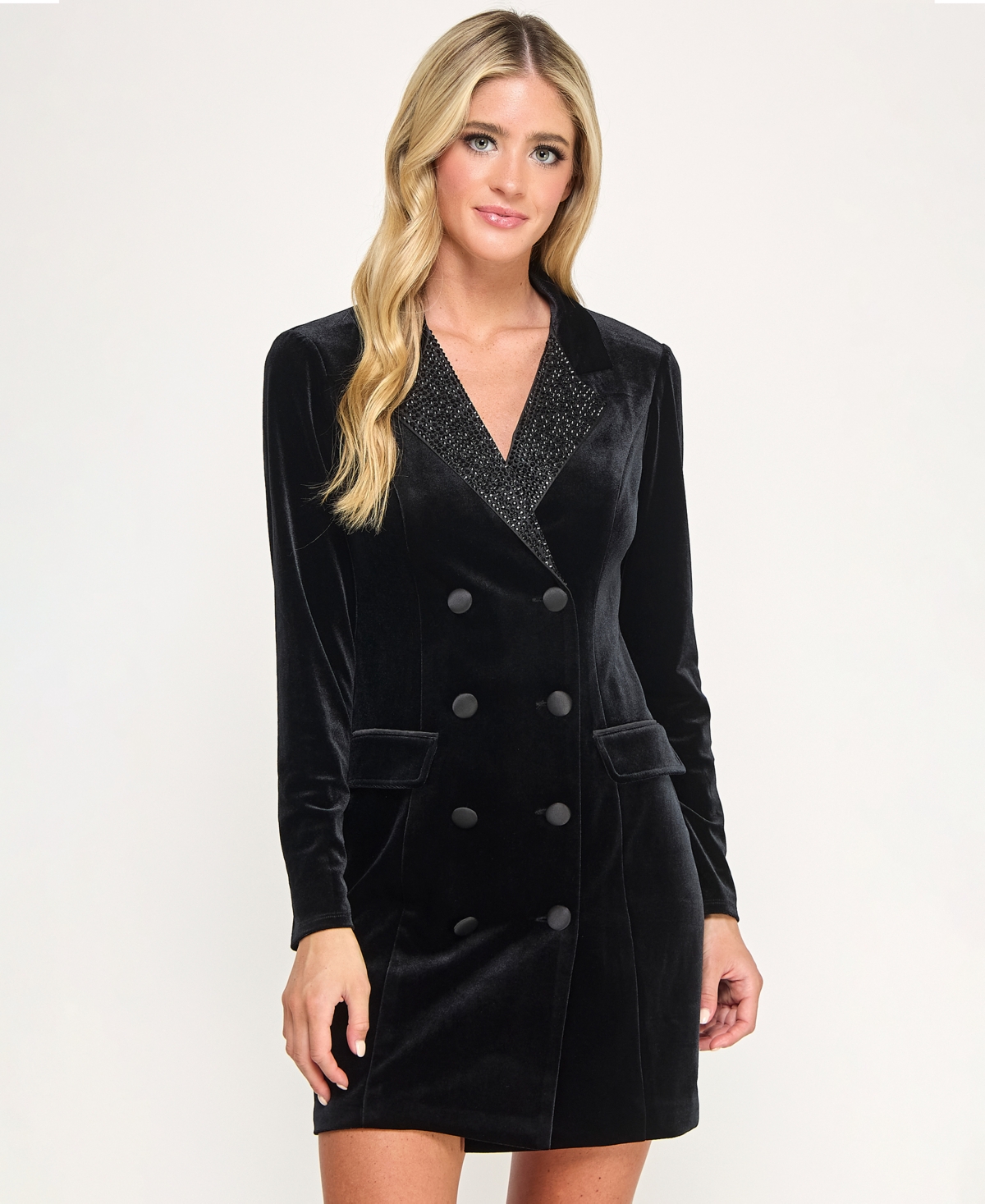 City Studios Women's Velvet Short Collar Tuxedo Blazer Dress In Black