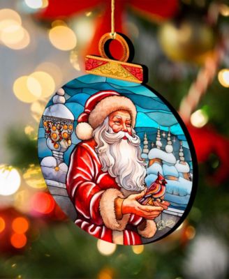 Santa with Cardinal Wooden Ornament