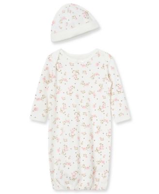 Baby Girls 2-Piece Vintage Rose Print Gown and Beanie Pajama Set