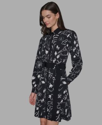 Women's Printed Silky Crepe Belted Shirt Dress