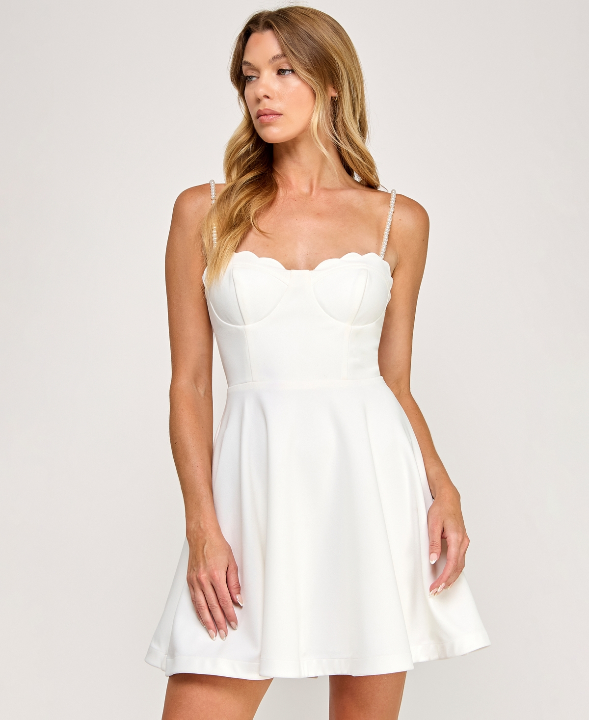 City Studios Juniors' Imitation Pearl Scallop Sweetheart Neck Dress In White