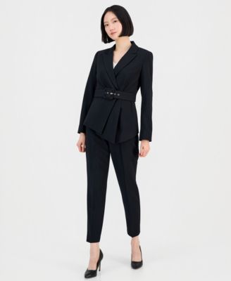 Women's Belted Asymmetrical Jacket & Slim-Fit Pantsuit Set