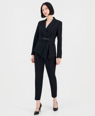 Women's Belted Asymmetrical Jacket & Slim-Fit Pantsuit Set