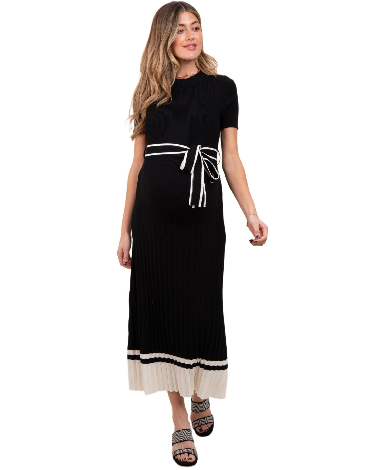 Women's Black Ribbed Knit Pleated Midi Dress