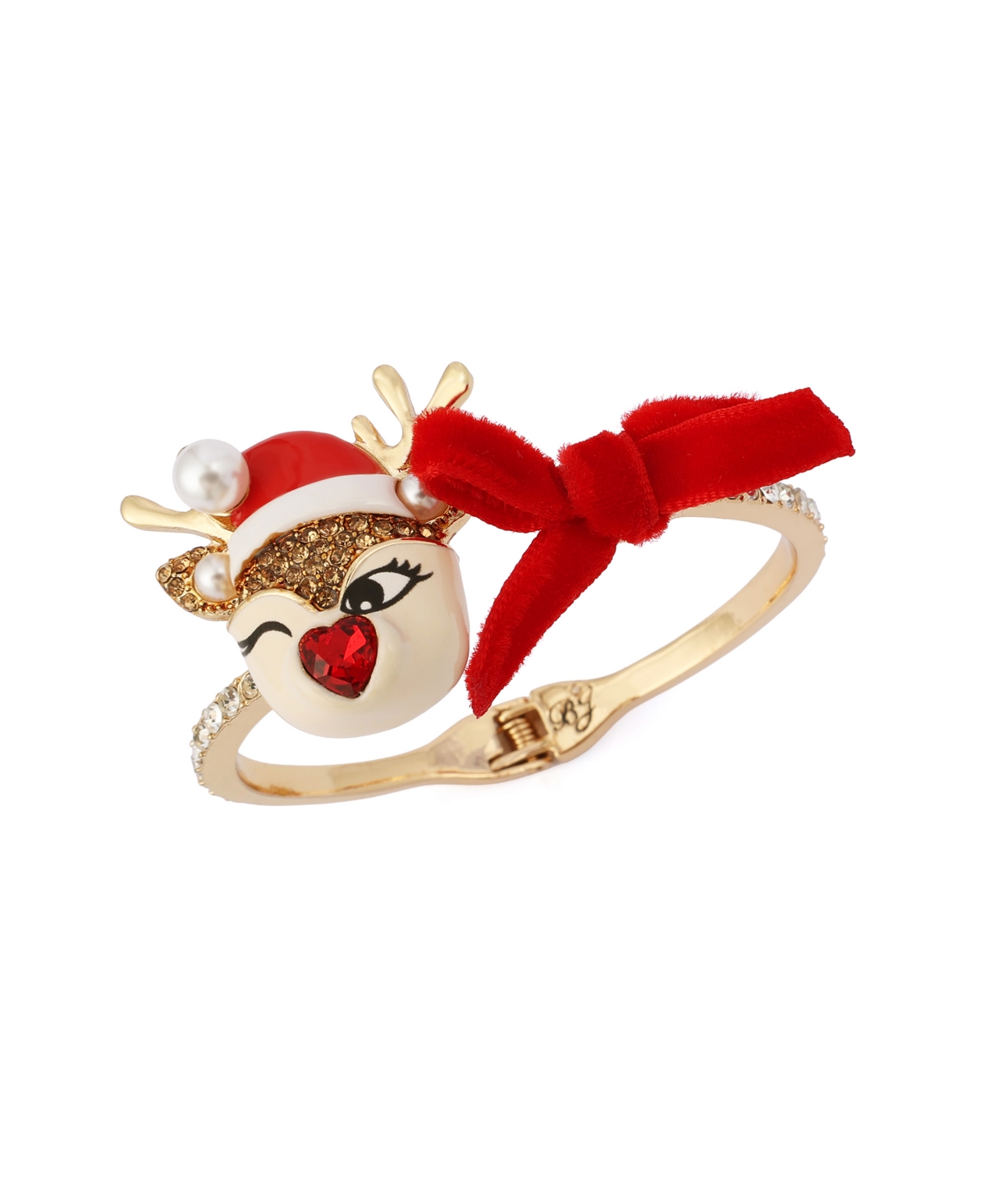 Betsey Johnson Faux Stone Santa Baby Reindeer Bow Bangle Bracelet In Gold