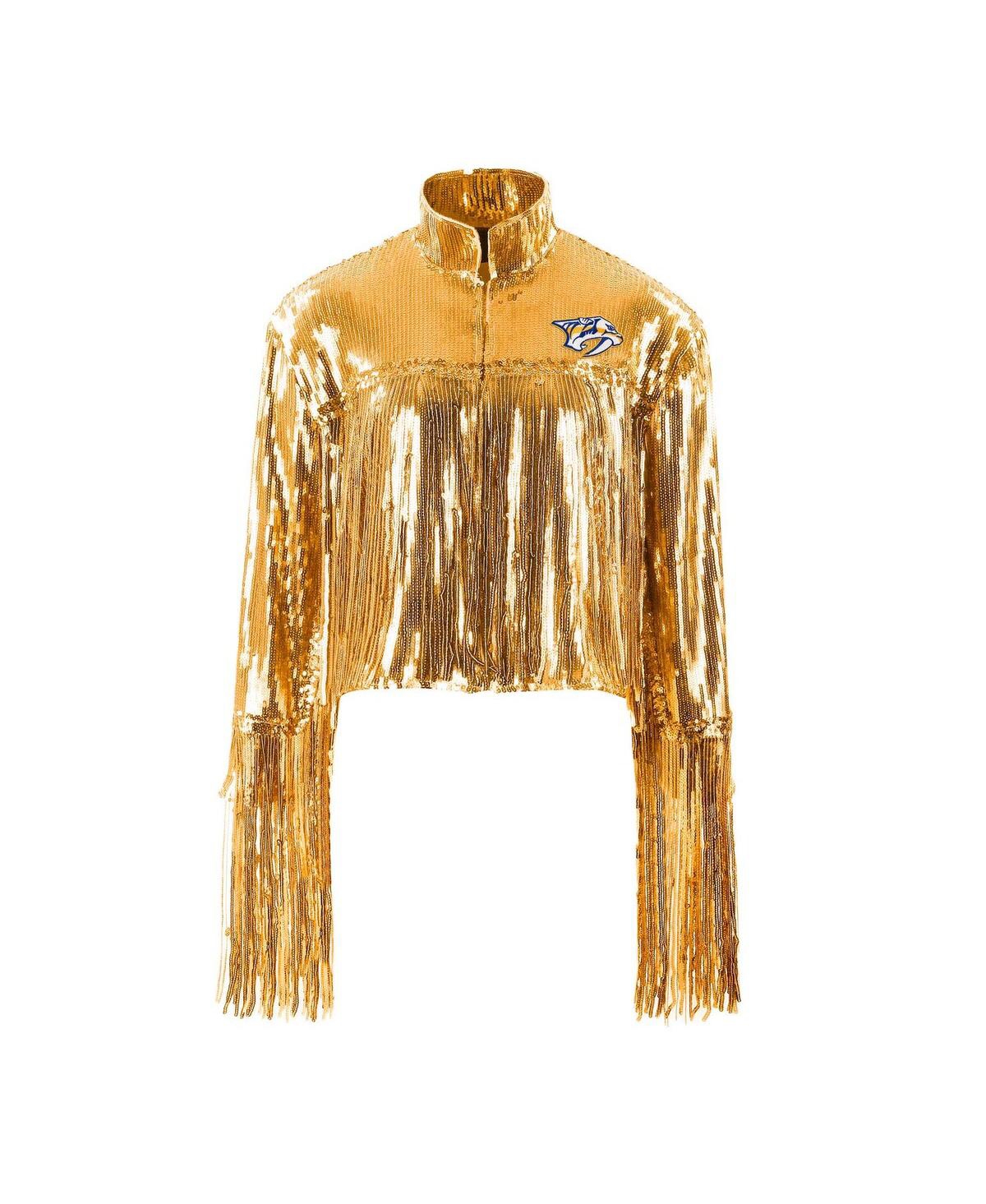 Cuce Women's Gold Nashville Predators Cropped Sequin Fringe Blazer Jacket In Gold