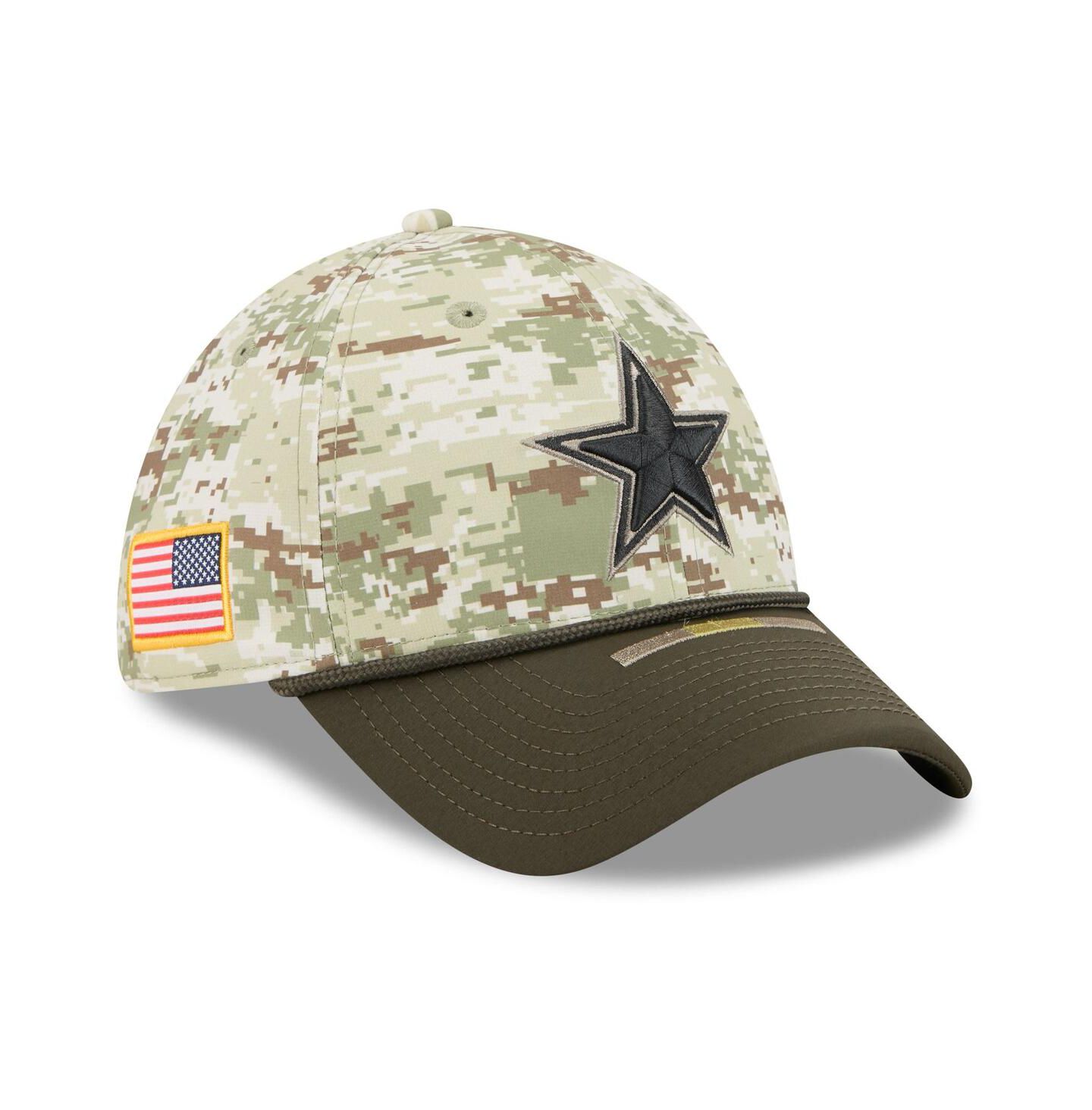 Мужская кепка New Era Camo, Dark Green Dallas Cowboys 2025 Salute to Service 39THIRTY Flex Hat — фото 1
