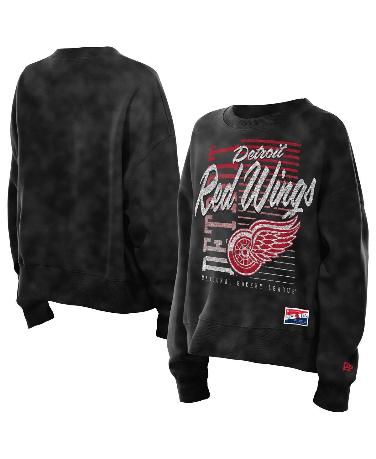 New Era Women's Black Detroit Red Wings Oversized Throwback Mineral Wash Sweatshirt In Animal Print