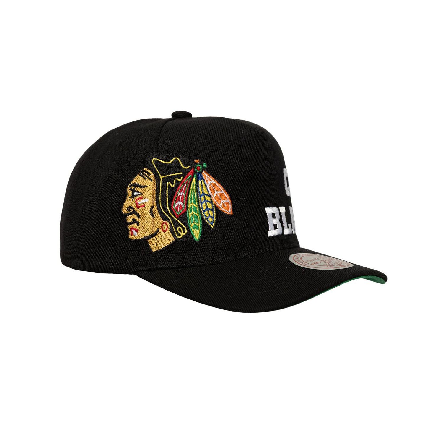 Men's Black Chicago Blackhawks Busted Logo Wordmark Wrap Around Pro Pinch Adjustable Hat