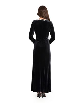 Women&#39;s Rhinestone Square Neck Long Sleeve Velvet Gown