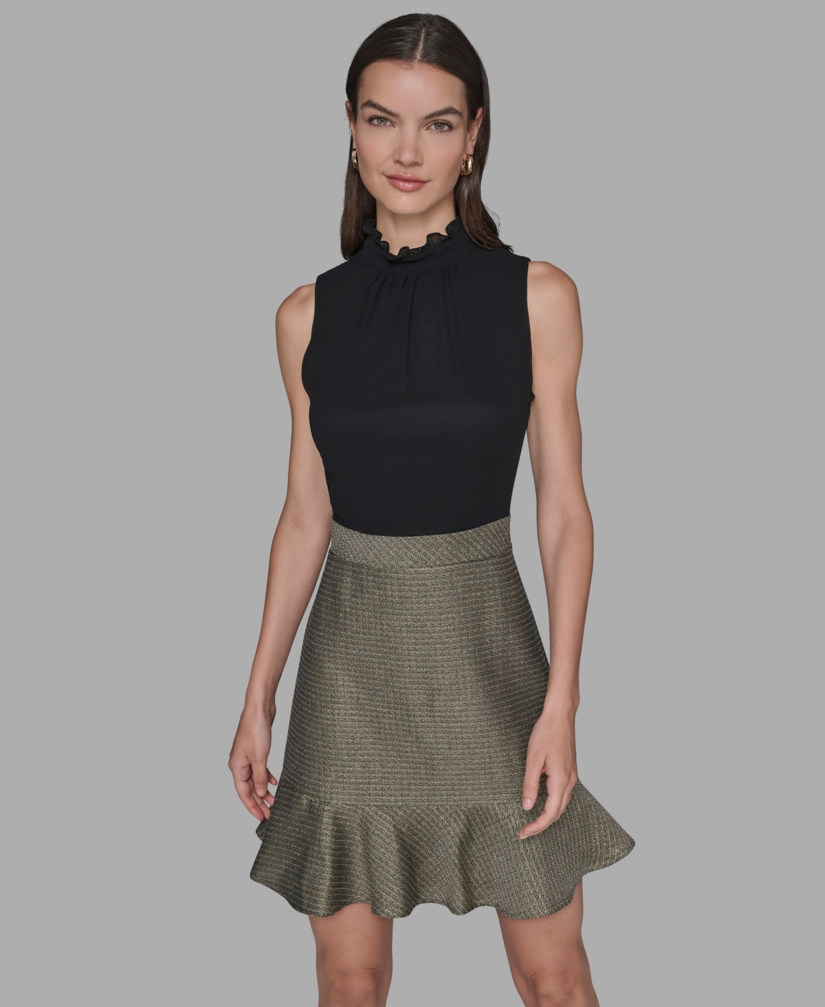 Karl Lagerfeld Paris Women's Mock Neck Flounce Hem A-Line Dress