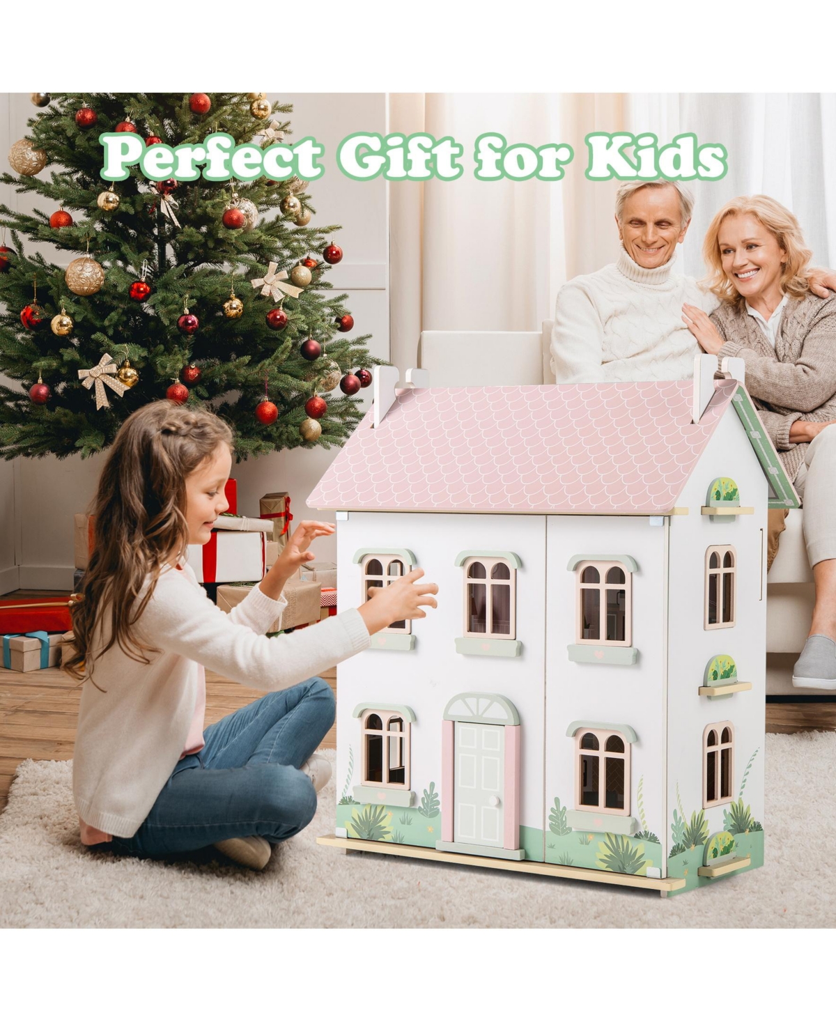 Sugift Kids Wooden Dollhouse 3 Level with Double-Sided Roofs and Doors