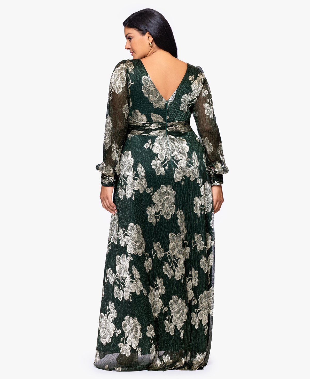 Betsy & Adam Plus Size Crinkle Foil Long Sleeves Dress In Green