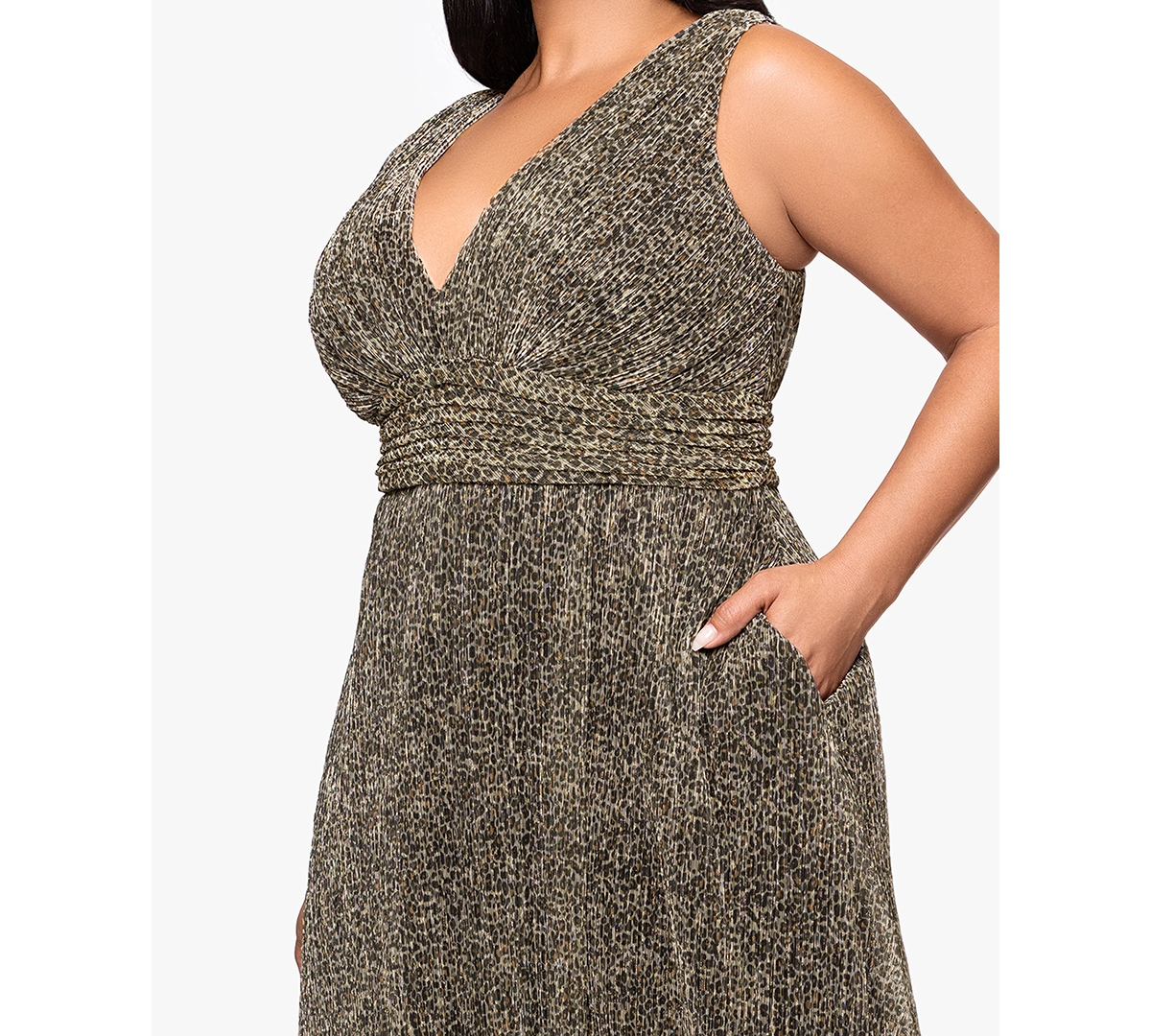 Betsy & Adam Plus Size Sleeveless Animal Crinkle Long Dress In Gray