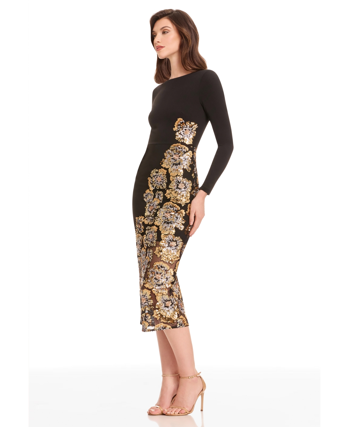 Dress The Population Mara Sequin Long Sleeve Midi Dress In Black