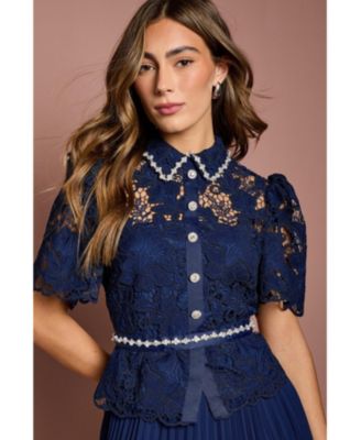 Women's Lace Top Pleat Skirt Jewel Button Dress