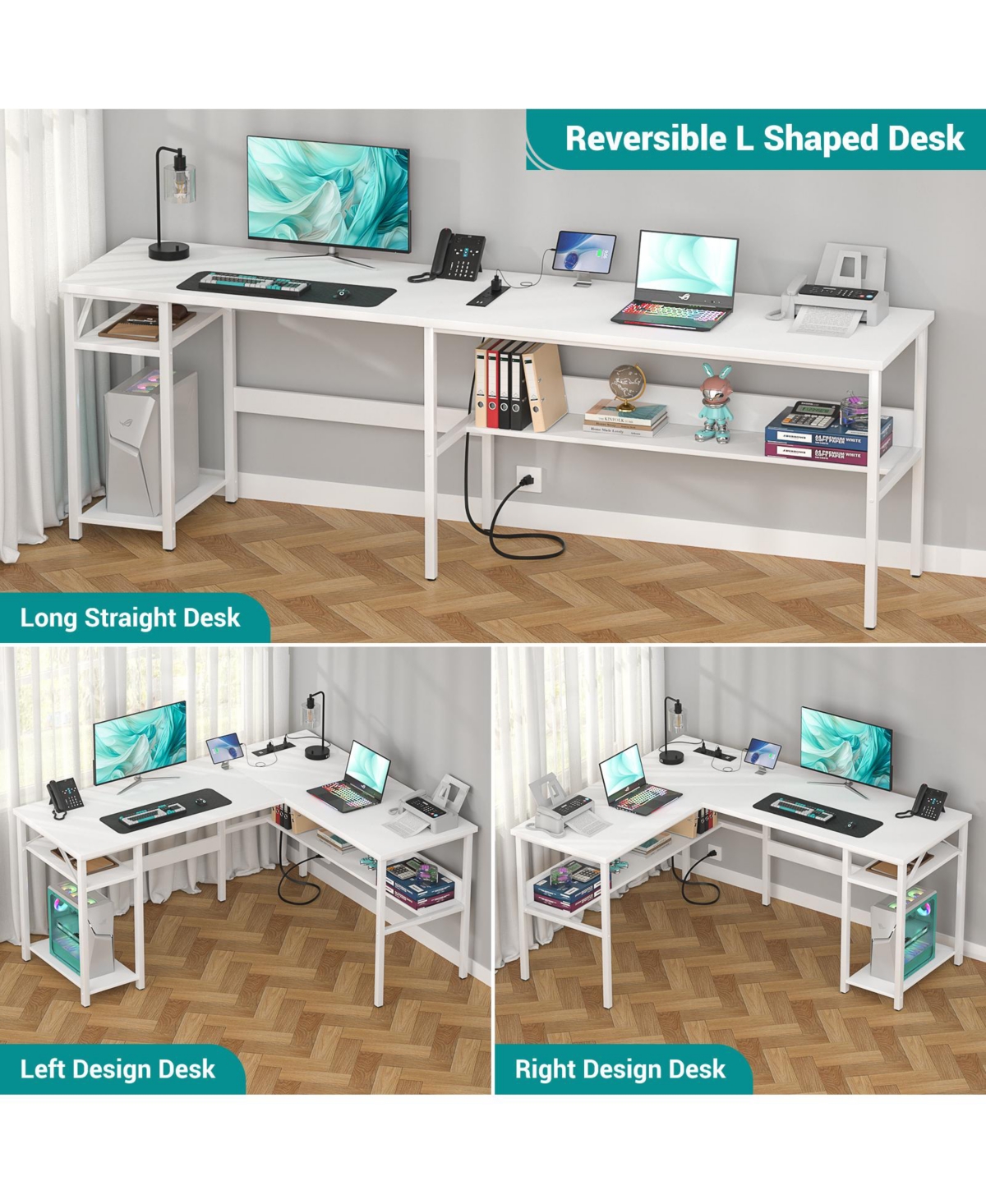 47.2'' L-Shaped Desk with Power Outlet and Shelf, Reversible