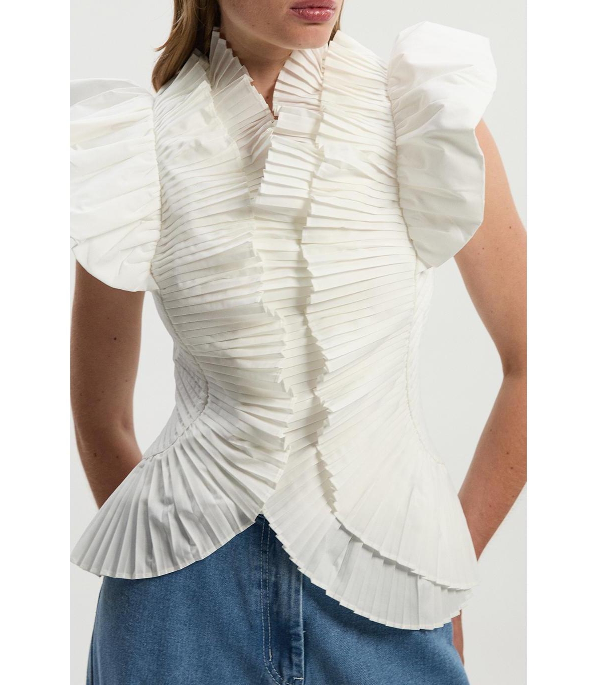 Karen Millen Women's Pleated Ruffle Sleeve Woven Top