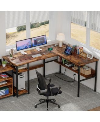 47.2'' MDF, Metal L-Shaped Desk with Power Outlet and Shelf, Reversible Desk