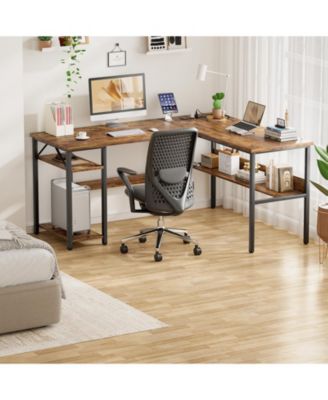 47.2'' MDF, Metal L-Shaped Desk with Power Outlet and Shelf, Reversible Desk