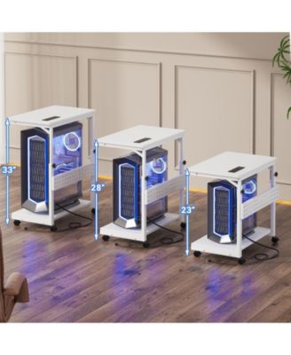 Height Adjustable Computer Tower Stand with Charging Station, Mobile Rolling CPU Holder with Wheels