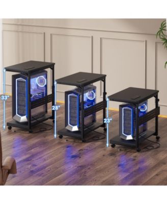 Height Adjustable Computer Tower Stand with Charging Station, Mobile Rolling CPU Holder with Wheels