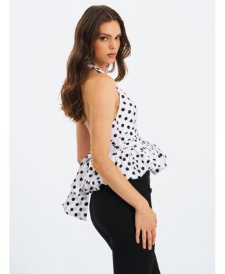 Women's Ilene White and Black Polka Dot Bubble Hem Halter Top