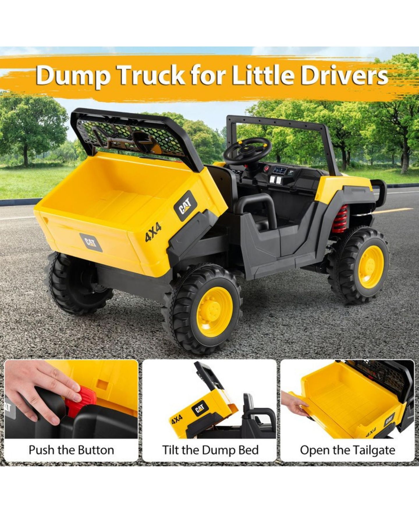 Детская игрушка SUGIFT 24V Ride On Dump Truck Licensed Caterpillar 2-Seater Kids Car with Remote Control, цвет: Жёлтый — фото 7